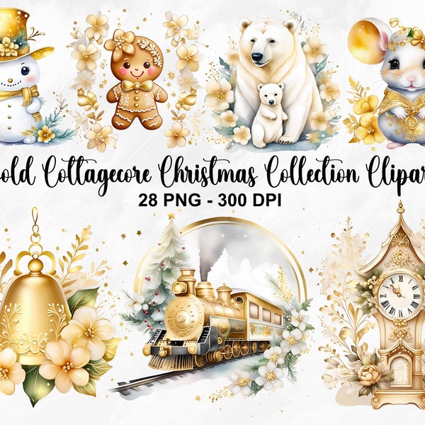 Watercolor Gold Cottagecore Christmas Collection Clipart, 28 PNG Gold Christmas Clipart, Christmas Clipart Bundle, Commercial Use