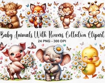 Aquarel babydieren met bloemen collectie clipart, 24 png-safari dieren clipart, olifant png, schattige baby dierenbundel, commercieel gebruik