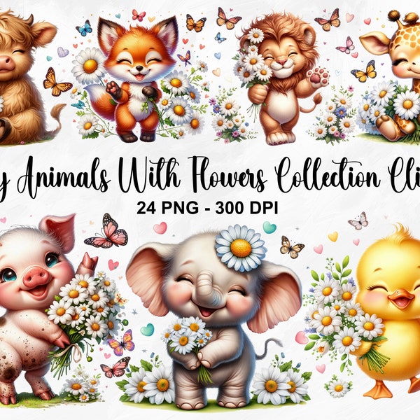 Watercolor Baby Animals With Flowers Collection Clipart, 24 PNG Safari Animal Clipart, Elephant PNG, Cute Baby Animal Bundle, Commercial Use