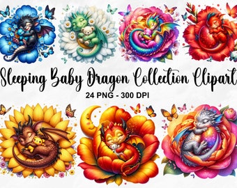 May include: A collection of 24 digital clipart images featuring sleeping baby dragons in various poses and settings. The dragons are depicted in a whimsical style with bright colors and intricate details. Each image is 300 DPI.