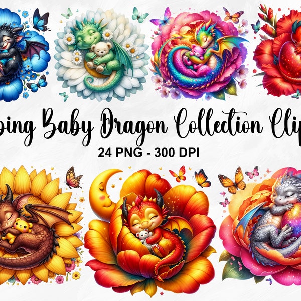 Watercolor Sleeping Baby Dragon Collection Clipart, 24 PNG Cute Dragon Clipart, Cute Baby Dragon Clipart, Baby Dragon PNG, Commercial Use