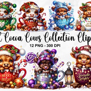 Aquarell Hot Cocoa Cows Sammlung Clipart, 12 PNG Weihnachtscliparts, Weihnachtskühe Clipart Bundle, Highland Kuh PNG, kommerzielle Nutzung