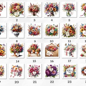 May include: A collection of 24 digital images featuring colorful floral bouquets, some with birds, butterflies, and other decorative elements. The images are perfect for crafting, scrapbooking, or digital design projects.