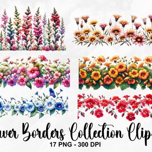 Clipart collezione bordi fiori acquerello, 17 PNG fiori primaverili clipart, clipart floreali, fiori di prato, fiori vivaci, uso commerciale