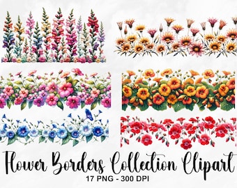 May include: A collection of 17 digital flower border clip art images. The borders feature various flowers in shades of pink, blue, yellow, red, and white. The images are 300 DPI.