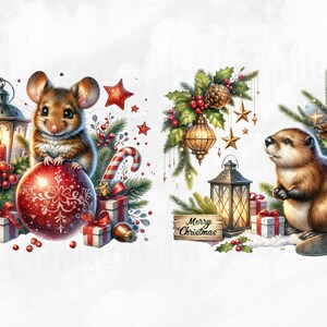 Puede incluir: Una ilustraci&oacute;n navide&ntilde;a con un rat&oacute;n sosteniendo una bola roja con un dise&ntilde;o de copo de nieve blanco, un castor sosteniendo un peque&ntilde;o regalo y una linterna con una vela dentro. La ilustraci&oacute;n incluye un cartel que dice "Feliz Navidad".