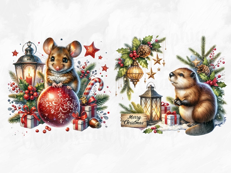 Puede incluir: Una ilustraci&oacute;n navide&ntilde;a con un rat&oacute;n sosteniendo una bola roja con un dise&ntilde;o de copo de nieve blanco, un castor sosteniendo un peque&ntilde;o regalo y una linterna con una vela dentro. La ilustraci&oacute;n incluye un cartel que dice "Feliz Navidad".