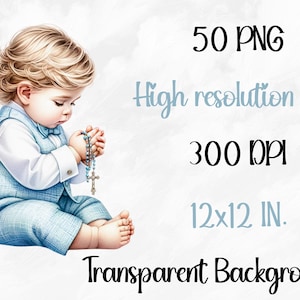 Pu&ograve; includere: Un'illustrazione ad acquerello di un bambino in un abito blu che prega con un rosario. L'immagine ha uno sfondo bianco e il testo "50 PNG File ad alta risoluzione 300 DPI 12x12 POLL. Sfondo trasparente" &egrave; scritto in nero e blu.
