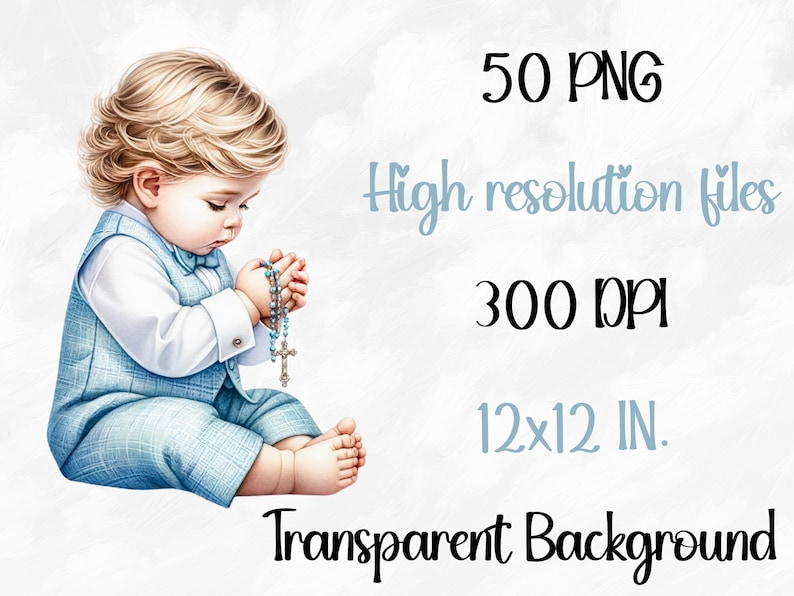 Pu&ograve; includere: Un'illustrazione ad acquerello di un bambino in un abito blu che prega con un rosario. L'immagine ha uno sfondo bianco e il testo "50 PNG File ad alta risoluzione 300 DPI 12x12 POLL. Sfondo trasparente" &egrave; scritto in nero e blu.