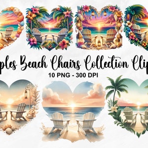 Clipart de coleção de cadeiras de praia para casais em aquarela, 10 PNG cadeiras de praia clipart, clipart de coração de praia, pôr do sol tropical PNG, uso comercial