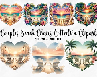 May include: A digital clipart collection of ten heart-shaped beach scenes featuring couples sitting in beach chairs. Each scene features a sunset over the ocean, palm trees, and tropical flowers. The images are 300 DPI.