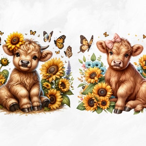 Watercolor Sunflower Highland Cows Collection Clipart, 9 PNG Spring Flowers Clipart, Baby Animal, Baby Cow Clipart Bundle, Commercial Use image 4