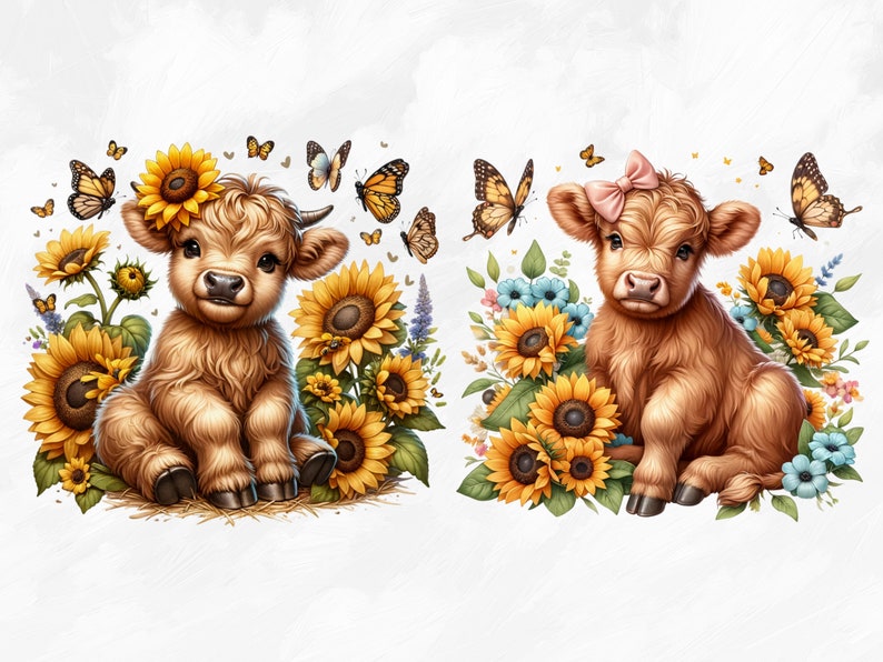 Watercolor Sunflower Highland Cows Collection Clipart, 9 PNG Spring Flowers Clipart, Baby Animal, Baby Cow Clipart Bundle, Commercial Use image 4