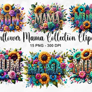 Watercolor Sunflower Mama Collection Clipart, 15 PNG Mothers Day Clipart, Mama PNG Bundle, Mothers Day Gift, Flower Mama Png, Commercial Use
