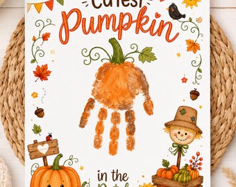 Manualidad de calabaza con huellas de manos, recuerdo infantil de otoño para imprimir, actividad preescolar de Acción de Gracias, guardería infantil de otoño