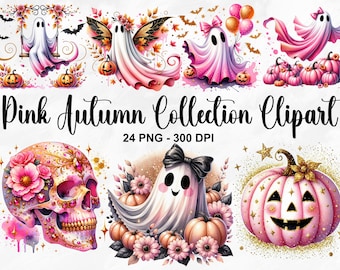 Puede incluir: Una colección digital de imágenes prediseñadas con temática de otoño rosa. La colección incluye fantasmas, calabazas, calaveras y hojas. Las ilustraciones están en un estilo de acuarela y tienen un toque caprichoso. El texto "Pink Autumn Collection Clipart" y "24 PNG - 300 DPI" está incluido en la imagen.