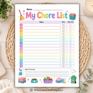 May include: A printable chore list document titled My Chore List with a colorful header, fifteen numbered rows for tasks, checkboxes, and star icons. The bottom section includes a notes area and illustrations of cleaning supplies and toys.