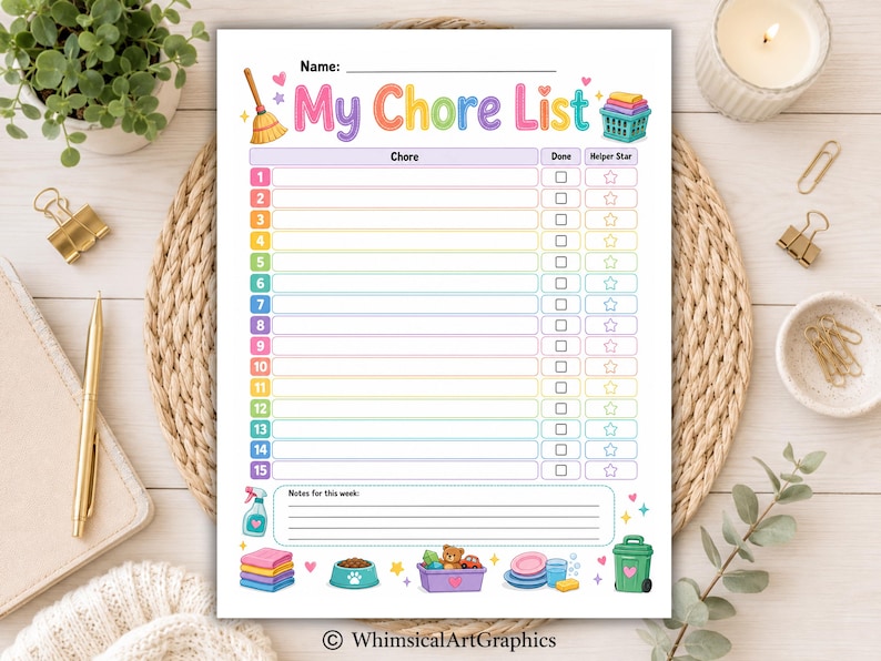 May include: A printable chore list document titled My Chore List with a colorful header, fifteen numbered rows for tasks, checkboxes, and star icons. The bottom section includes a notes area and illustrations of cleaning supplies and toys.