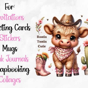 Puede incluir: Una vaca de dibujos animados linda con un sombrero de vaquero y botas, con una bandana rosa y un cactus en el fondo. El texto "For: Invitations Greeting Cards Stickers Mugs Junk Journals Scrapbooking Collages" est&aacute; escrito en el lado izquierdo de la imagen.