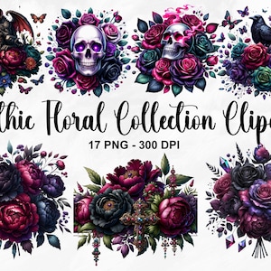 水彩ゴシック花コレクション クリップアート、17 PNG ゴシック花クリップアート、ゴシック花クリップアート、ゴシックバラ、ファンタジー PNG、商用利用