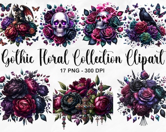 Watercolor Gothic Floral Collection Clipart, 17 PNG Gothic Floral Clipart, Gothic Flowers Clipart, Gothic Roses, Fantasy PNG, Commercial Use