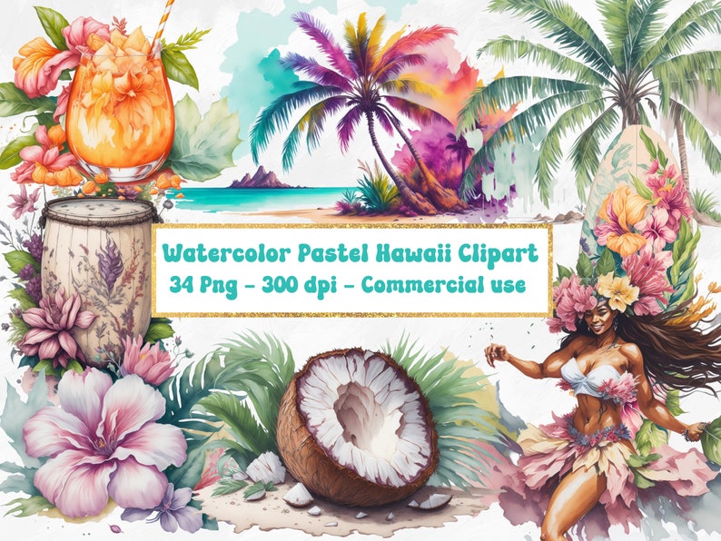 Watercolor Pastel Hawaii Clipart 34 PNG Watercolor Flowers - Etsy