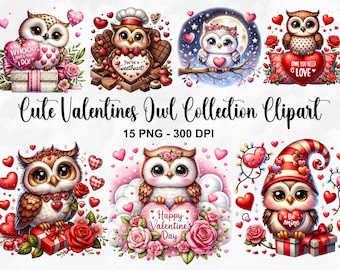 Acquerello carino San Valentino gufo Clipart, 15 PNG San Valentino Clipart, cuore di caramelle di San Valentino, pacchetto gufo di San Valentino, uso commerciale