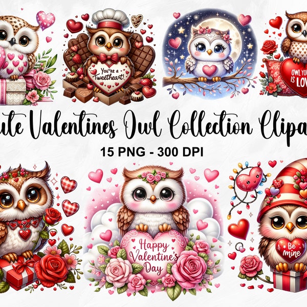 Watercolor Cute Valentines Owl Clipart, 15 PNG Valentines Day Clipart, Valentines Candy Heart, Valentines Owl Bundle, Commercial Use