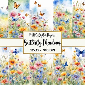 Aquarell Schmetterling Wiesen Digitales Papier, Floral Schmetterling Junk Journal Kit, Frühling Blumen Scrapbook Seiten, Schmetterling Garten Hintergrund