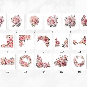 May include: A set of 16 digital illustrations featuring pink roses in various arrangements. The roses are depicted in a watercolor style with delicate details. The illustrations include single roses, bouquets, wreaths, and corner arrangements.