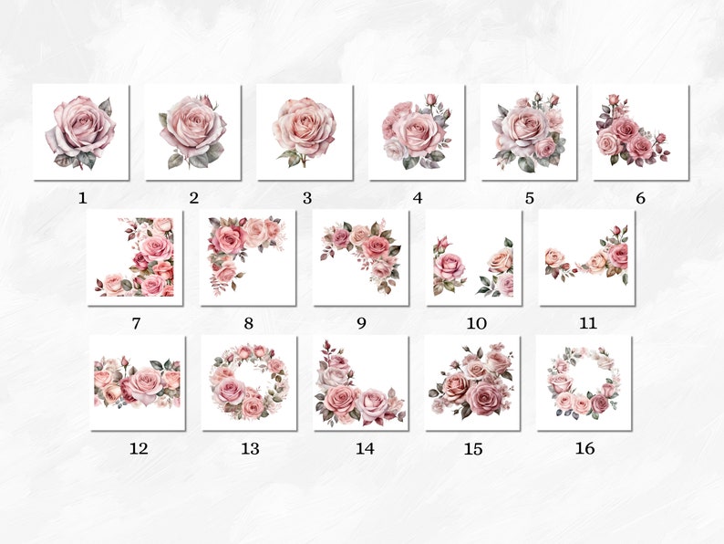 May include: A set of 16 digital illustrations featuring pink roses in various arrangements. The roses are depicted in a watercolor style with delicate details. The illustrations include single roses, bouquets, wreaths, and corner arrangements.
