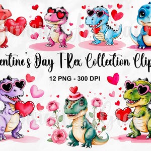 Watercolor Valentine's Day T-Rex Png, 12 PNG Dino Love, T-Rex Valentine Png, Valentine Dino Png, Dinosaur Love Png, Sweet T-Rex Png
