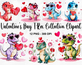 Watercolor Valentine's Day T-Rex Png, 12 PNG Dino Love, T-Rex Valentine Png, Valentine Dino Png, Dinosaur Love Png, Sweet T-Rex Png