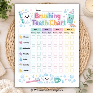 May include: A printable Brushing Teeth Chart featuring a cartoon tooth holding a toothbrush and a toothpaste tube. The chart includes columns for four weeks with morning and night checkboxes, rows for each day of the week, and colorful icons.