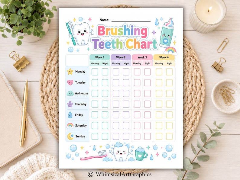 May include: A printable Brushing Teeth Chart featuring a cartoon tooth holding a toothbrush and a toothpaste tube. The chart includes columns for four weeks with morning and night checkboxes, rows for each day of the week, and colorful icons.