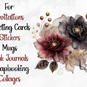 May include: Digital clipart featuring a bouquet of burgundy and gray flowers with gold accents. The text "For: Invitations Greeting Cards Stickers Mugs Junk Journals Scrapbooking Collages" is on the left side of the image.