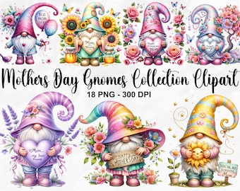 Watercolor Mothers Day Gnomes Collection Clipart, 18 PNG Garden Gnome Clipart, Spring Gnomes, Gnome With Flowers, Gnomes PNG, Commercial Use