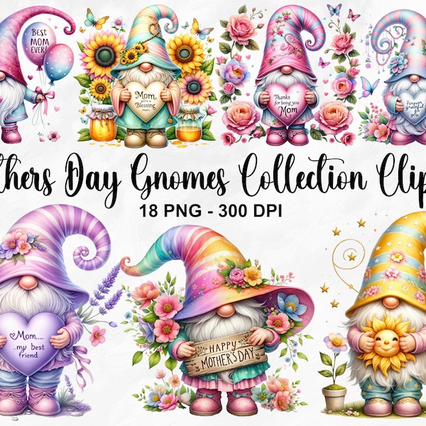 Watercolor Mothers Day Gnomes Collection Clipart, 18 PNG Garden Gnome Clipart, Spring Gnomes, Gnome With Flowers, Gnomes PNG, Commercial Use