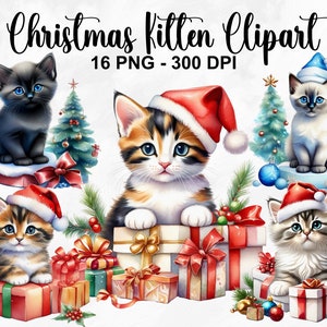 Acquerello Natale Kitten Clipart, 16 PNG Natale Kitten Clip Art, Kitten PNG, Cute Christmas Kitten, Holiday Clipart, Uso commerciale