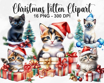 Watercolor Christmas Kitten Clipart, 16 PNG Christmas Kitten Clip Art, Kitten PNG, Cute Christmas Kitten, Holiday Clipart, Commercial Use