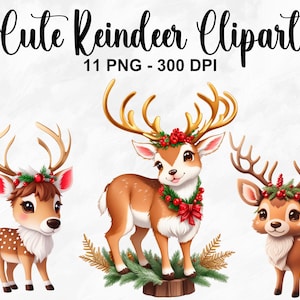 Clipart di renne carine dell'acquerello, 11 clipart di renne PNG, clipart di renne di Natale, PNG di Natale, clipart di vacanze, uso commerciale