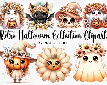 Puede incluir: Una colección de imágenes prediseñadas retro de Halloween con personajes adorables. Incluye un fantasma sosteniendo una linterna de calabaza, un murciélago, una calavera y una calabaza con un sombrero de bruja, todos adornados con flores. Se muestra el texto "Retro Halloween Collection Clipart".