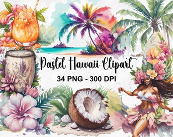 Watercolor Pastel Hawaii Clipart, 34 PNG Watercolor Flowers Clipart, PNG Format, Tropical Island Clip Art, Instant Download, Commercial Use