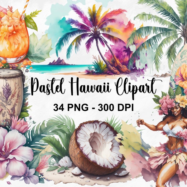 Watercolor Pastel Hawaii Clipart, 34 PNG Watercolor Flowers Clipart, PNG Format, Tropical Island Clip Art, Instant Download, Commercial Use