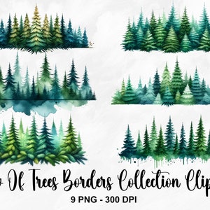 Aquarel rij bomen grenzen collectie clipart, 9 PNG groenblijvende clipart, rij van boom clipart, bos clipart, zomer PNG, commercieel gebruik