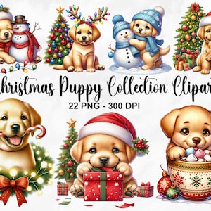 Aquarell Weihnachtswelpe Sammlung Clipart, 22 PNG Welpe Clipart, Winter Feste, Weihnachtsgrafiken, Golden Lab, kommerzielle Nutzung