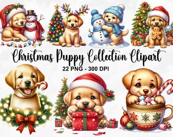 Watercolor Christmas Puppy Collection Clipart, 22 PNG Cute Puppy Clipart, Winter Festives, Christmas Graphics, Golden Lab, Commercial Use