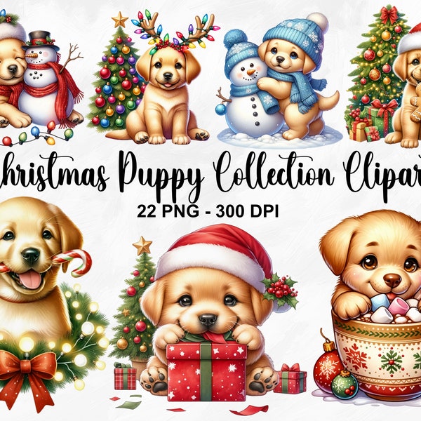 Watercolor Christmas Puppy Collection Clipart, 22 PNG Cute Puppy Clipart, Winter Festives, Christmas Graphics, Golden Lab, Commercial Use