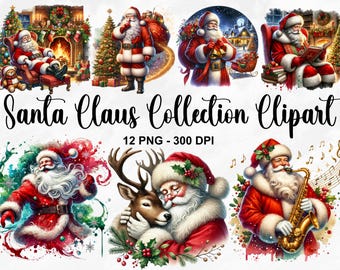 Watercolor Santa Claus Collection Clipart, 12 PNG Vintage Santa Clipart, Santa Clipart, Festive Santa Claus Clipart Bundle, Commercial Use