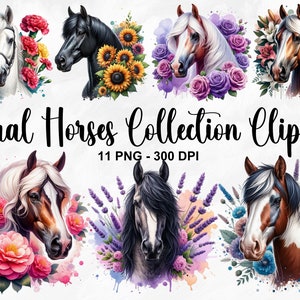 Aquarell Blumen Pferde Sammlung Clipart, 11 PNG Pferd Clipart, Reiter Clipart, Blumen Pferd Clipart, Pferd PNG, kommerzielle Nutzung